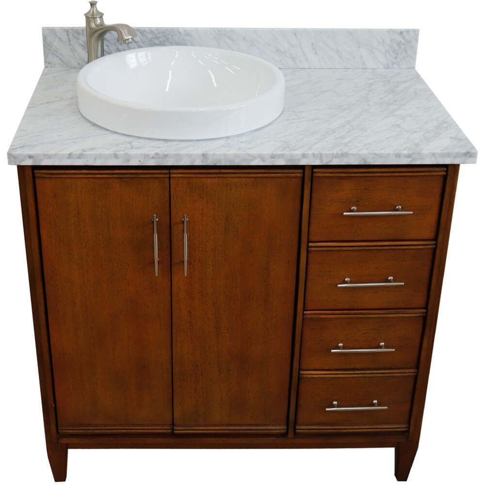 37" Single vanity in Walnut finish with White Carrara and round sink- Left door/Left sink - 400901-37L-WA-WMRDL