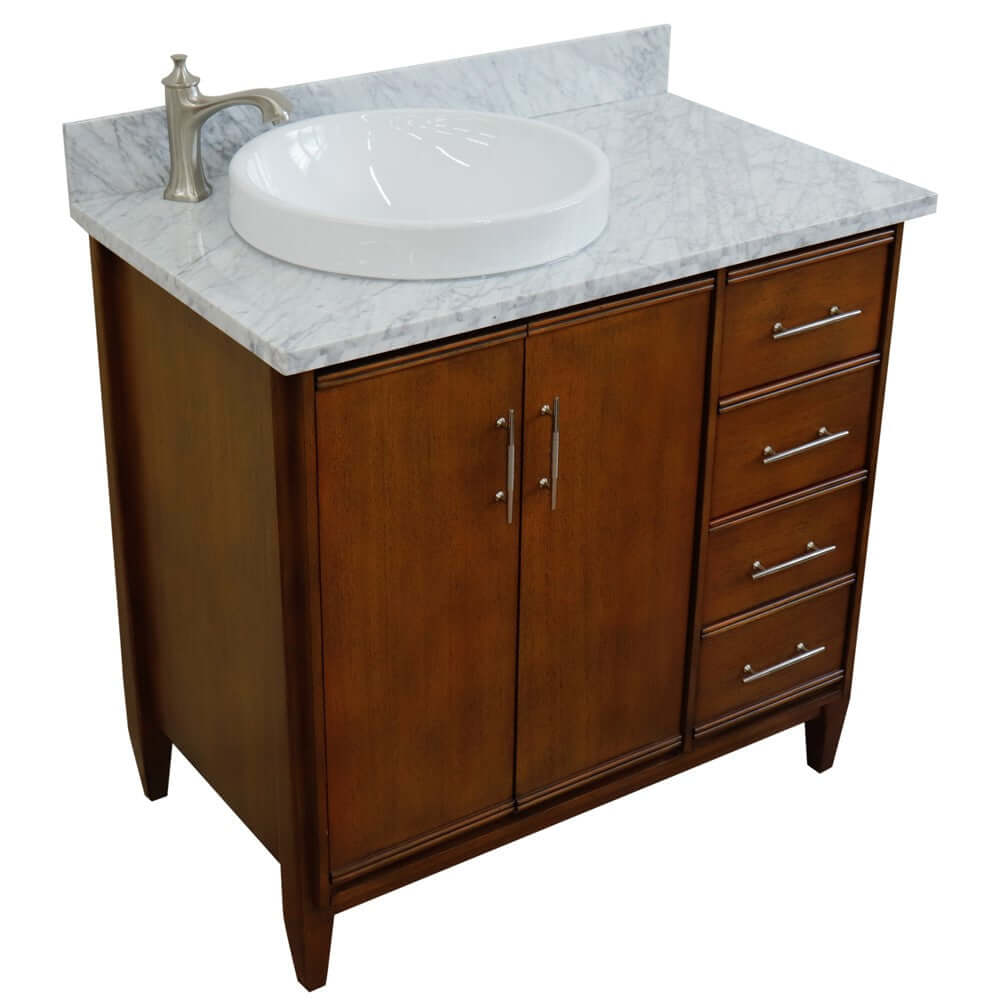 37" Single vanity in Walnut finish with White Carrara and round sink- Left door/Left sink - 400901-37L-WA-WMRDL