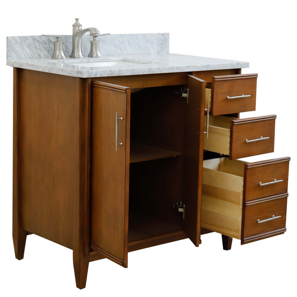 37" Single vanity in Walnut finish with White Carrara and rectangle sink- Left door/Left sink - 400901-37L-WA-WMRL