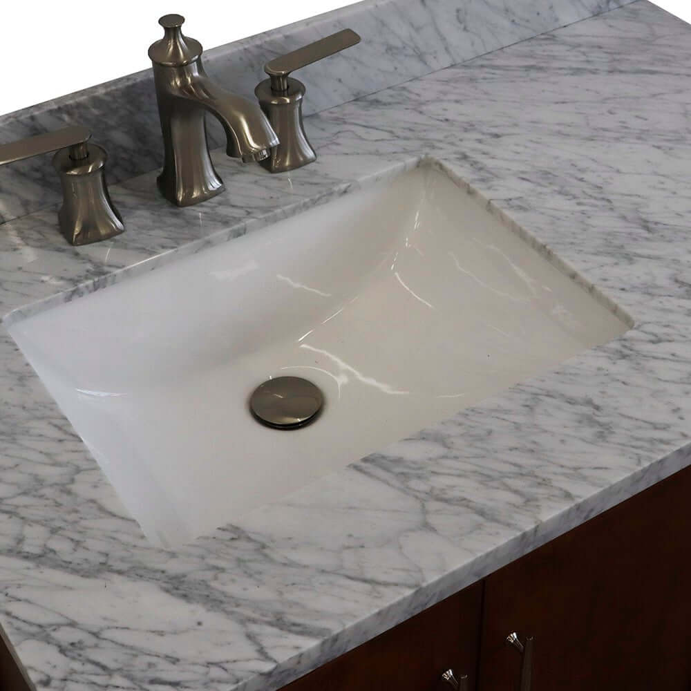 37" Single vanity in Walnut finish with White Carrara and rectangle sink- Left door/Left sink - 400901-37L-WA-WMRL