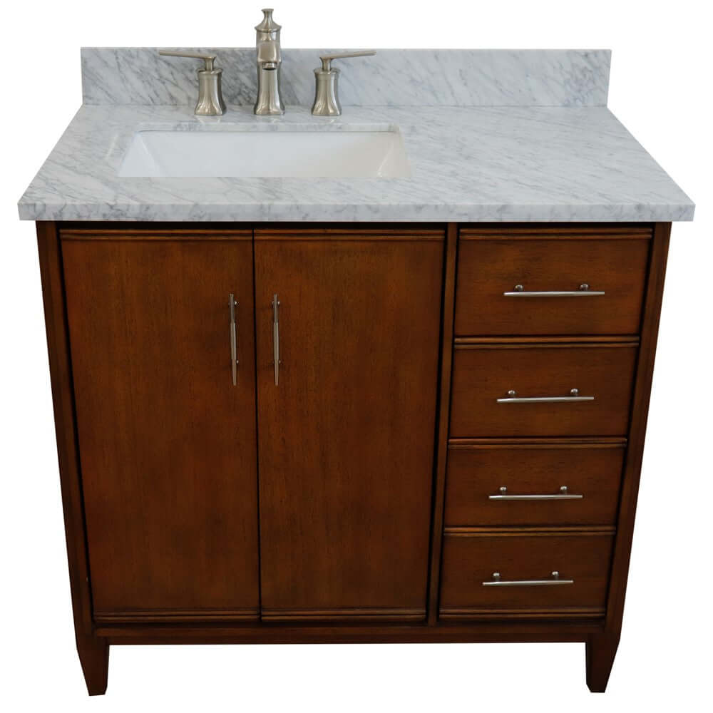 37" Single vanity in Walnut finish with White Carrara and rectangle sink- Left door/Left sink - 400901-37L-WA-WMRL