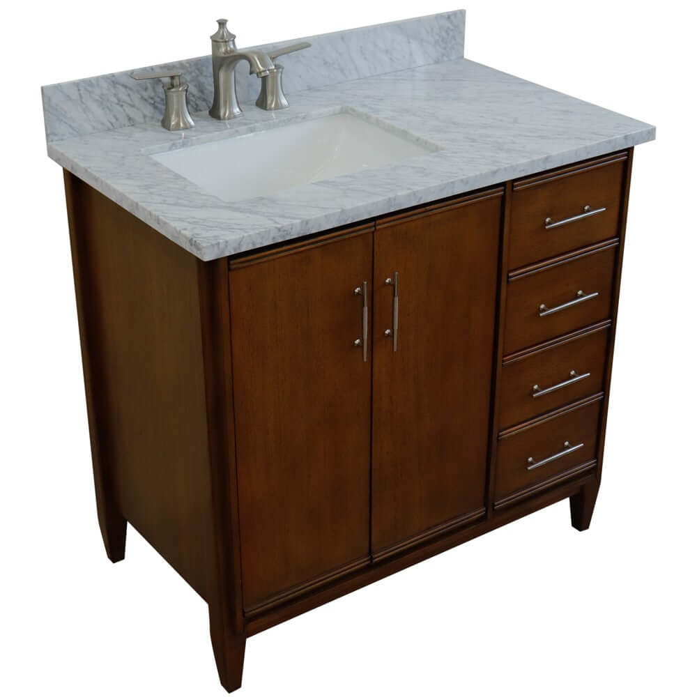 37" Single vanity in Walnut finish with White Carrara and rectangle sink- Left door/Left sink - 400901-37L-WA-WMRL