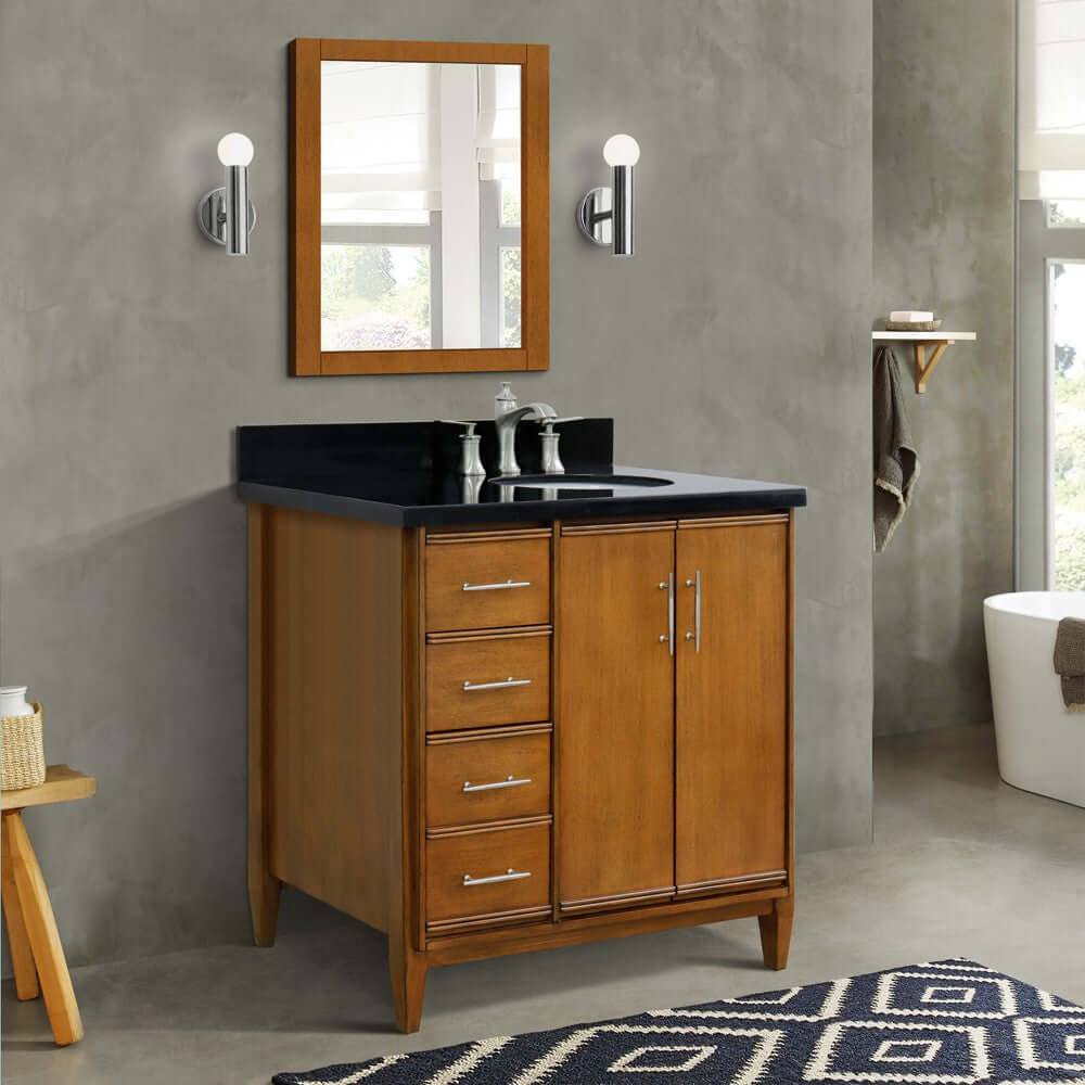 37" Single vanity in Walnut finish with Black galaxy and oval sink- Right door/Right sink - 400901-37R-WA-BGOR