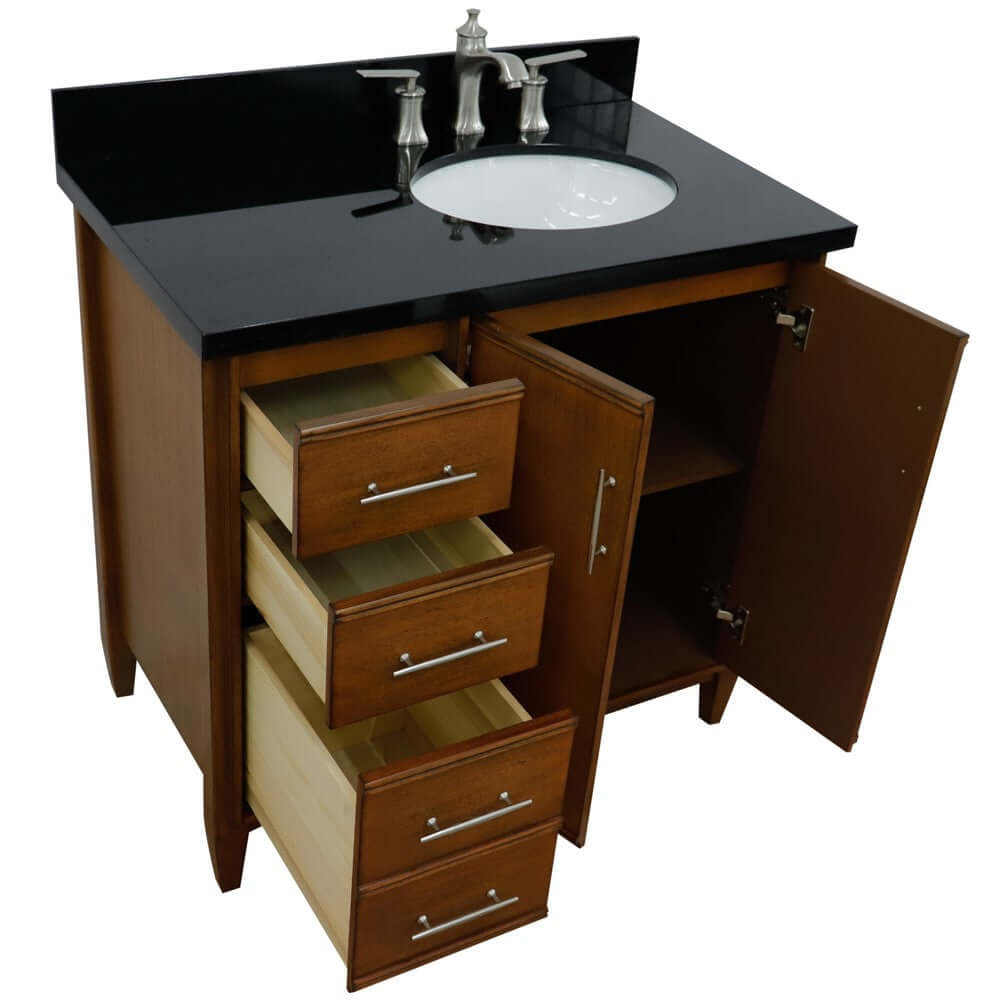 37" Single vanity in Walnut finish with Black galaxy and oval sink- Right door/Right sink - 400901-37R-WA-BGOR