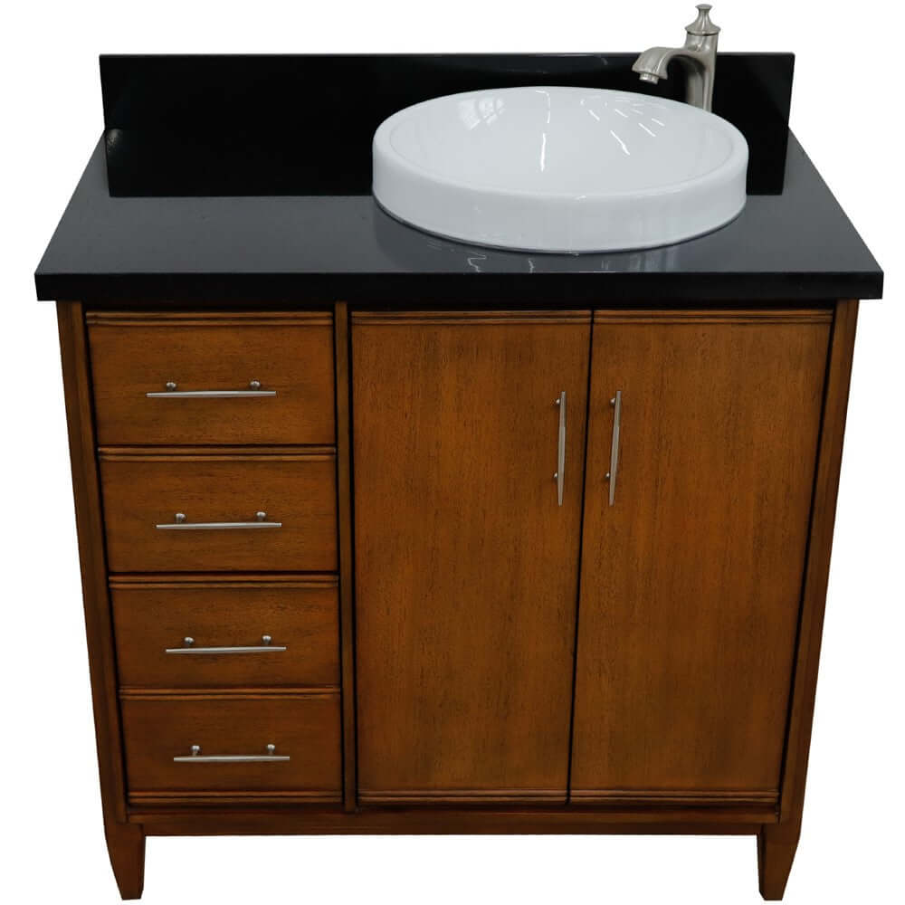 37" Single vanity in Walnut finish with Black galaxy and round sink- Right door/Right sink - 400901-37R-WA-BGRDR