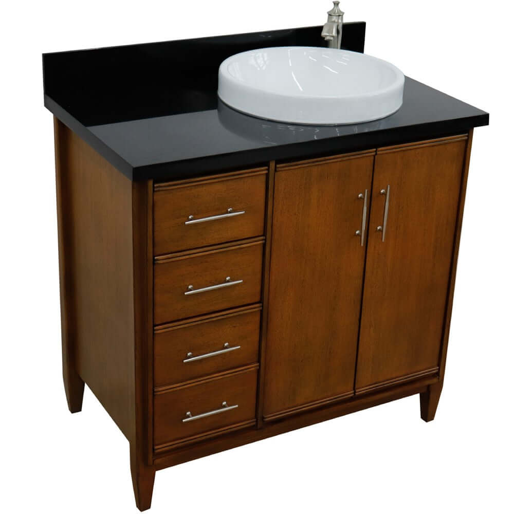 37" Single vanity in Walnut finish with Black galaxy and round sink- Right door/Right sink - 400901-37R-WA-BGRDR