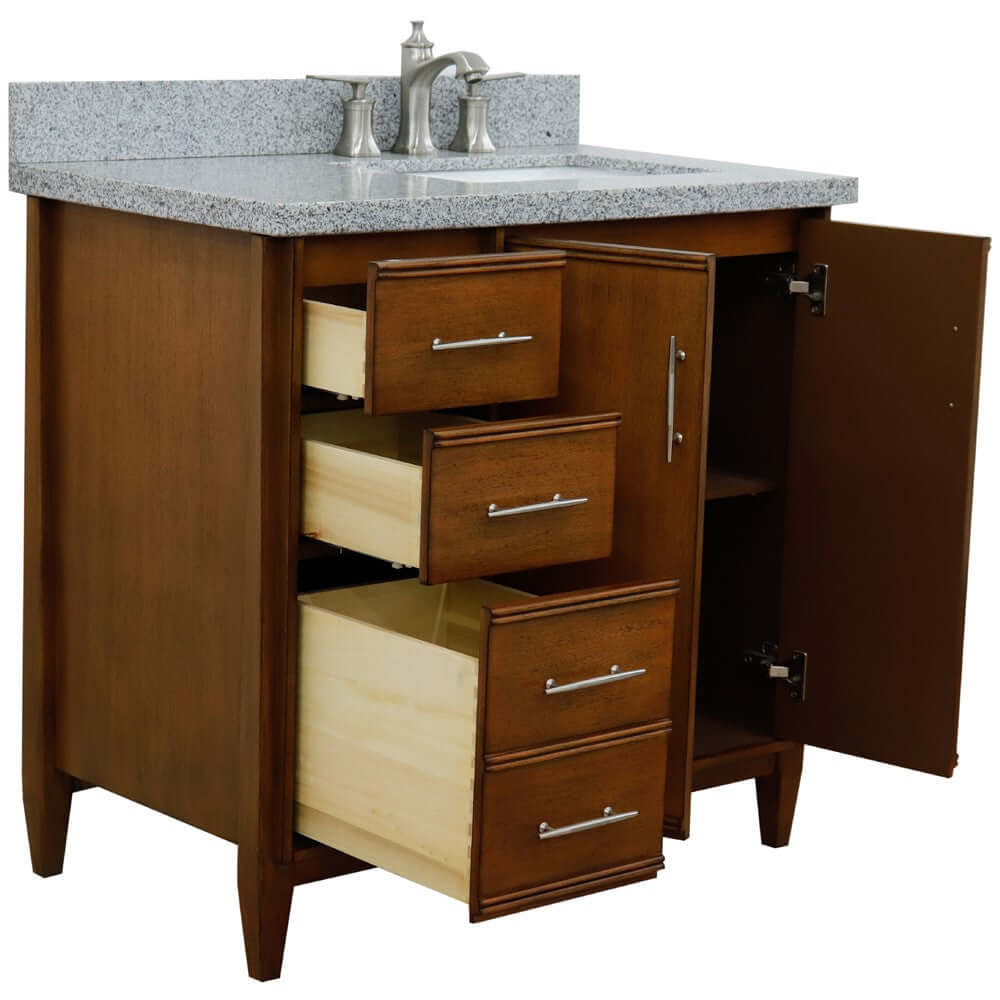 37" Single vanity in Walnut finish with Gray granite and rectangle sink- Right door/Right sink - 400901-37R-WA-GYRR