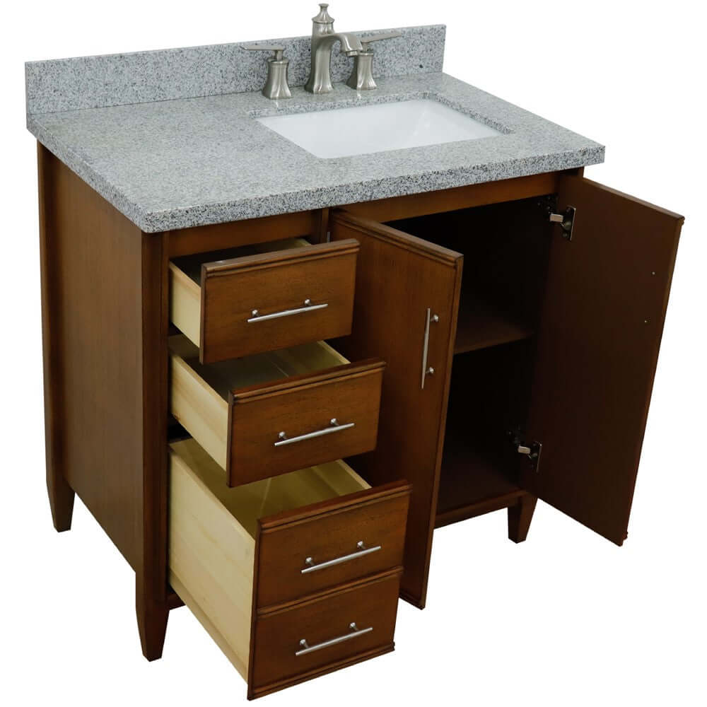 37" Single vanity in Walnut finish with Gray granite and rectangle sink- Right door/Right sink - 400901-37R-WA-GYRR