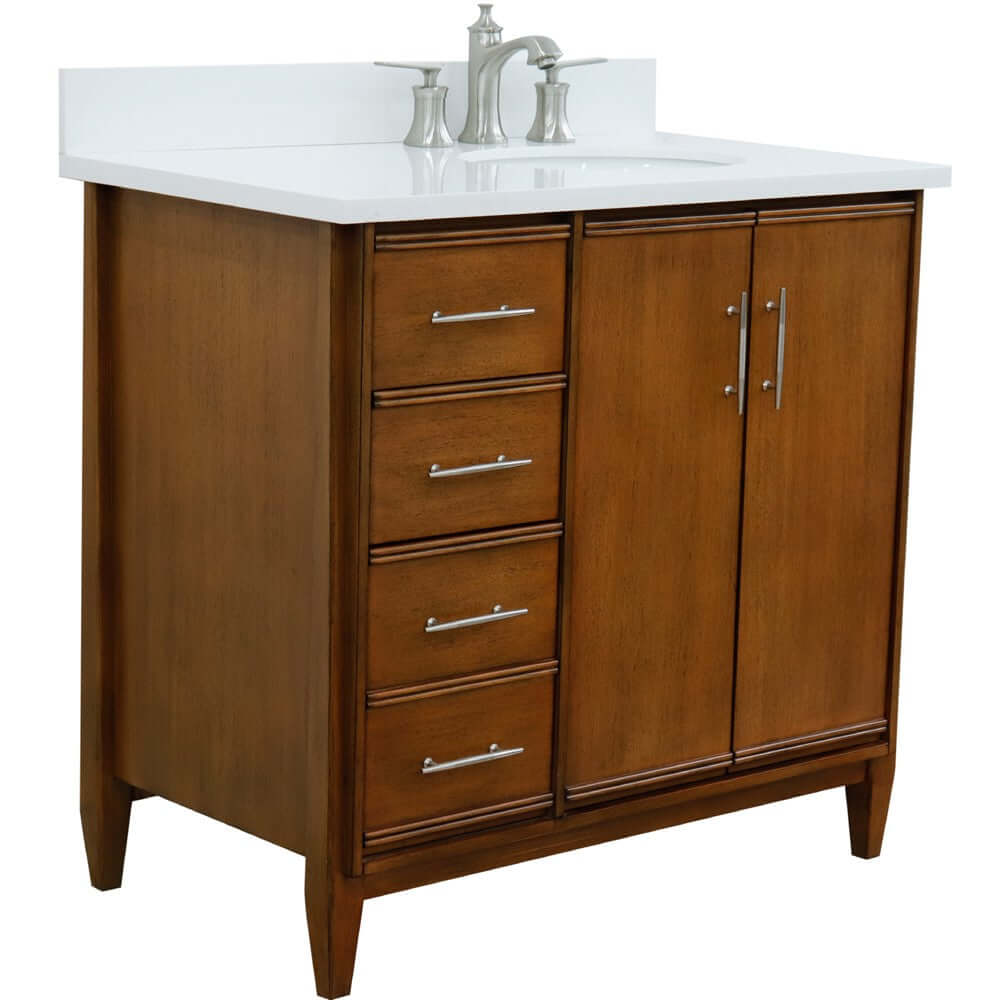 37" Single vanity in Walnut finish with White quartz and oval sink- Right door/Right sink - 400901-37R-WA-WEOR