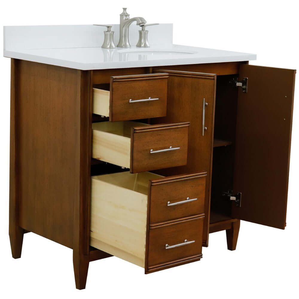 37" Single vanity in Walnut finish with White quartz and oval sink- Right door/Right sink - 400901-37R-WA-WEOR