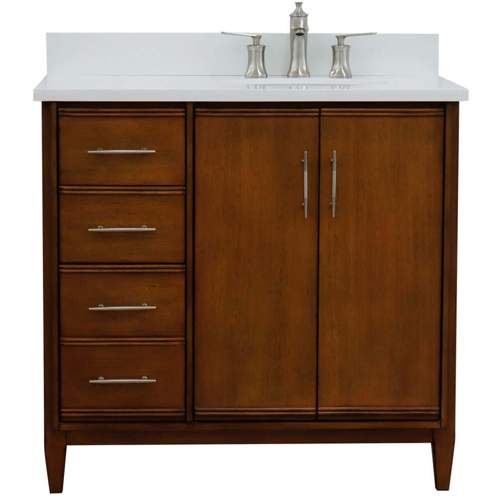 37" Single vanity in Walnut finish with White quartz and oval sink- Right door/Right sink - 400901-37R-WA-WEOR