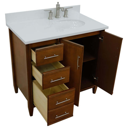 37" Single vanity in Walnut finish with White quartz and oval sink- Right door/Right sink - 400901-37R-WA-WEOR