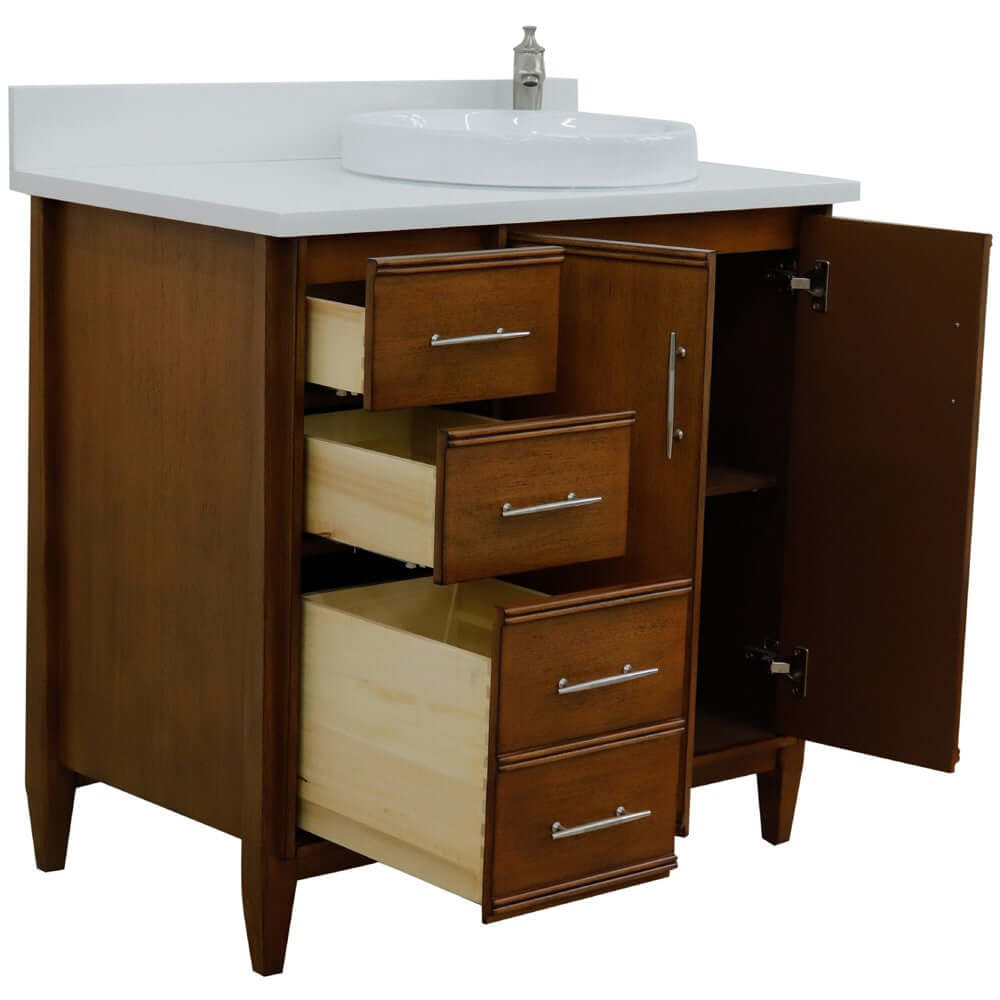 37" Single vanity in Walnut finish with White quartz and round sink- Right door/Right sink - 400901-37R-WA-WERDR