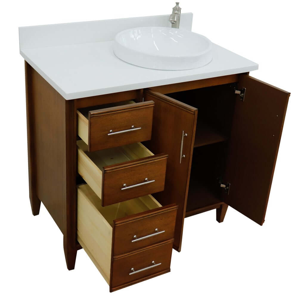 37" Single vanity in Walnut finish with White quartz and round sink- Right door/Right sink - 400901-37R-WA-WERDR