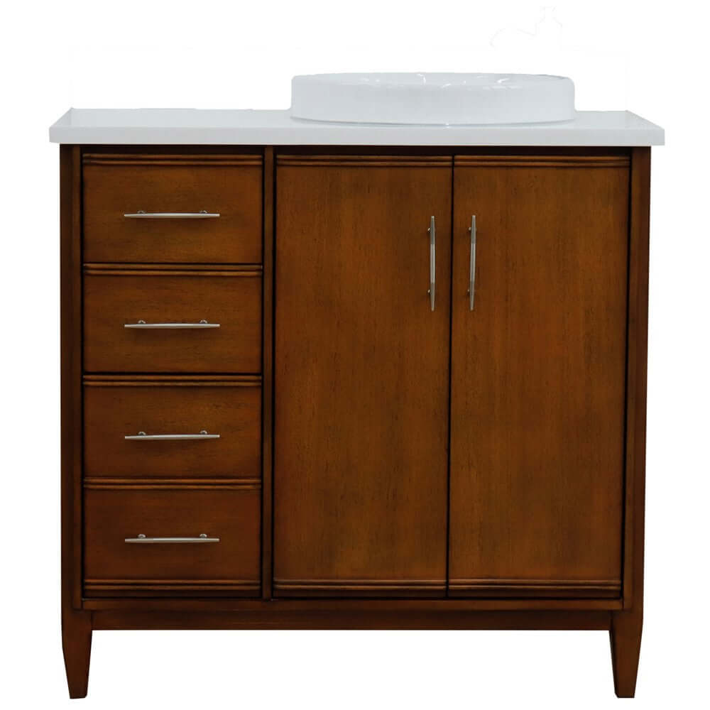 37" Single vanity in Walnut finish with White quartz and round sink- Right door/Right sink - 400901-37R-WA-WERDR