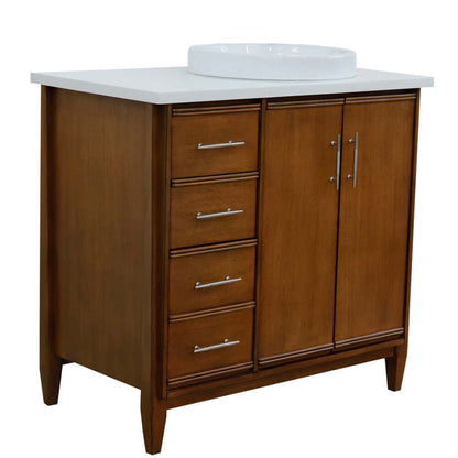 37" Single vanity in Walnut finish with White quartz and round sink- Right door/Right sink - 400901-37R-WA-WERDR