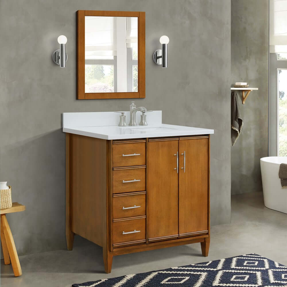 37" Single vanity in Walnut finish with White quartz and rectangle sink- Right door/Right sink - 400901-37R-WA-WERR