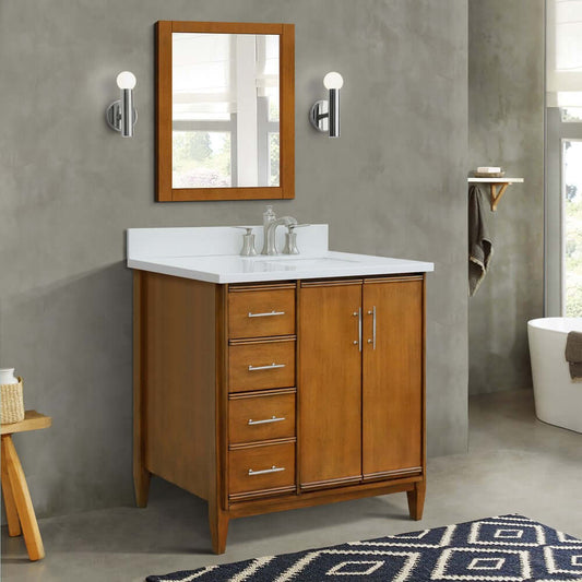 37" Single vanity in Walnut finish with White quartz and rectangle sink- Right door/Right sink - 400901-37R-WA-WERR