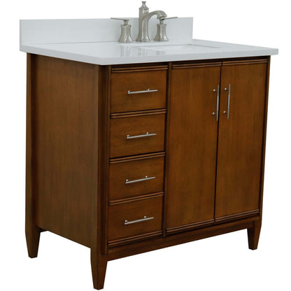 37" Single vanity in Walnut finish with White quartz and rectangle sink- Right door/Right sink - 400901-37R-WA-WERR