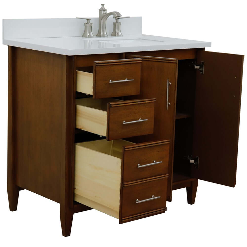 37" Single vanity in Walnut finish with White quartz and rectangle sink- Right door/Right sink - 400901-37R-WA-WERR