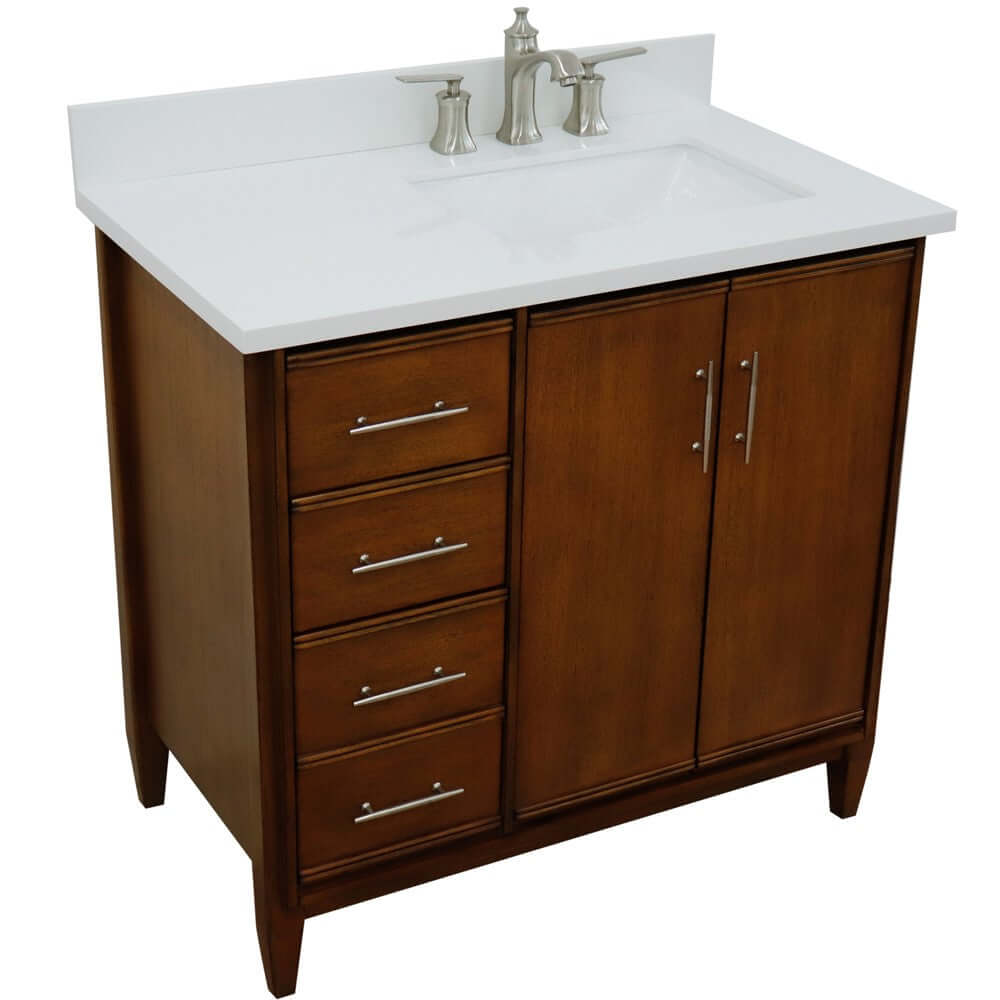 37" Single vanity in Walnut finish with White quartz and rectangle sink- Right door/Right sink - 400901-37R-WA-WERR