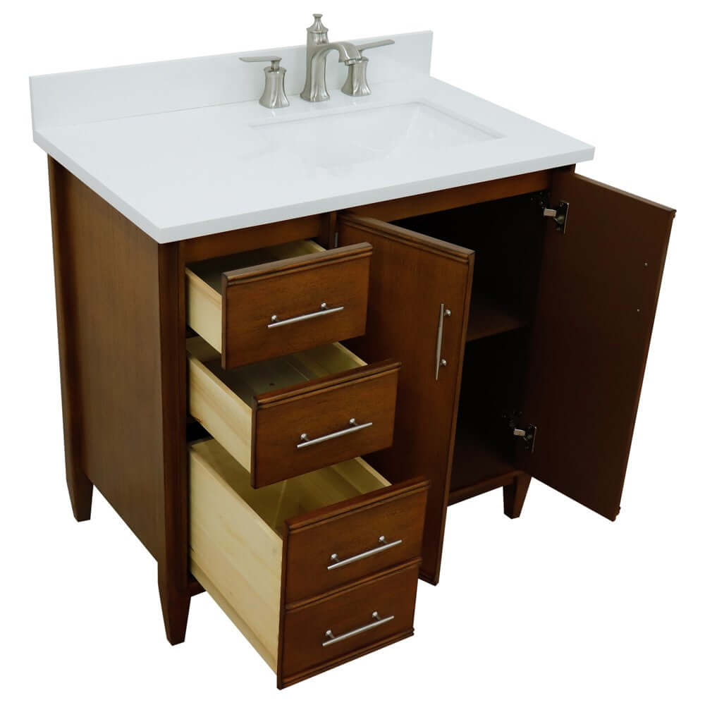 37" Single vanity in Walnut finish with White quartz and rectangle sink- Right door/Right sink - 400901-37R-WA-WERR