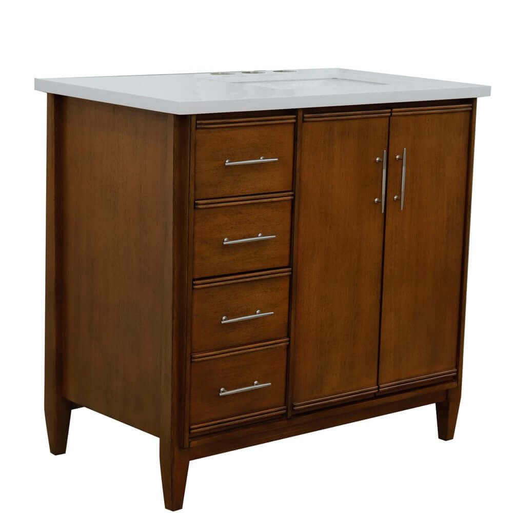 37" Single vanity in Walnut finish with White quartz and rectangle sink- Right door/Right sink - 400901-37R-WA-WERR