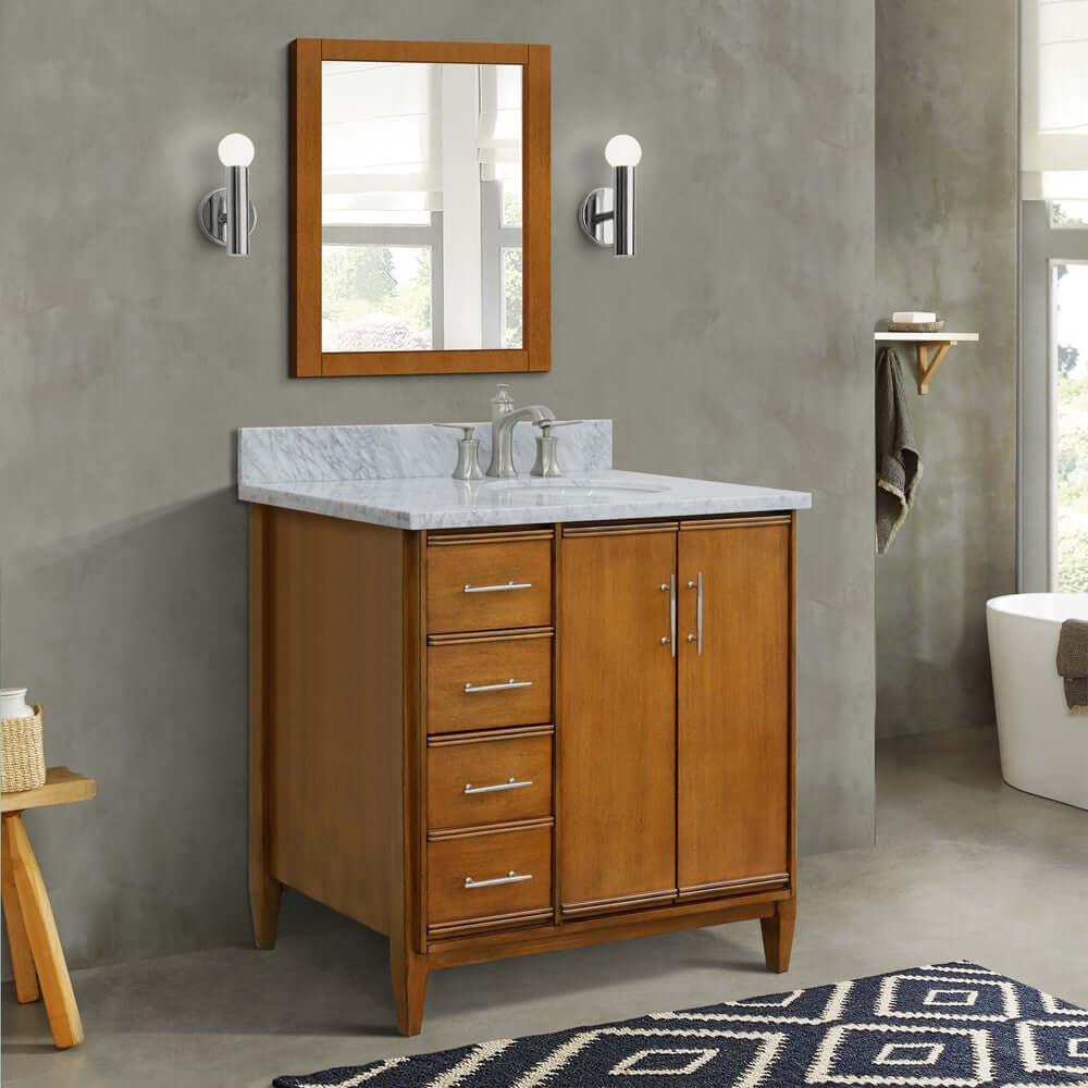 37" Single vanity in Walnut finish with White Carrara and oval sink- Right door/Right sink - 400901-37R-WA-WMOR