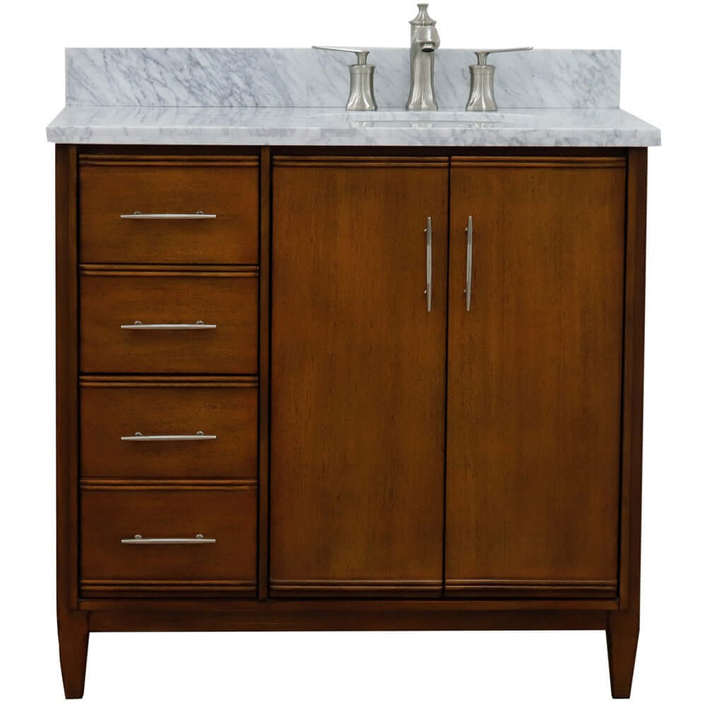 37" Single vanity in Walnut finish with White Carrara and oval sink- Right door/Right sink - 400901-37R-WA-WMOR