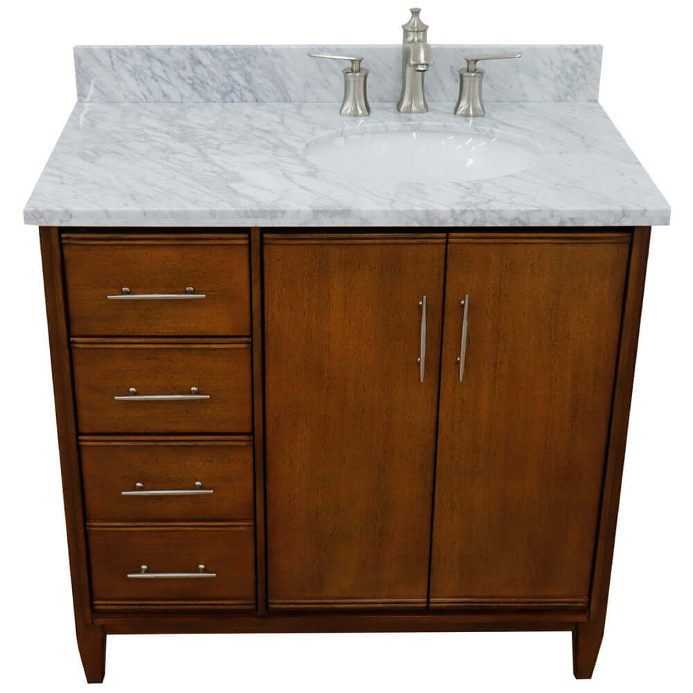 37" Single vanity in Walnut finish with White Carrara and oval sink- Right door/Right sink - 400901-37R-WA-WMOR