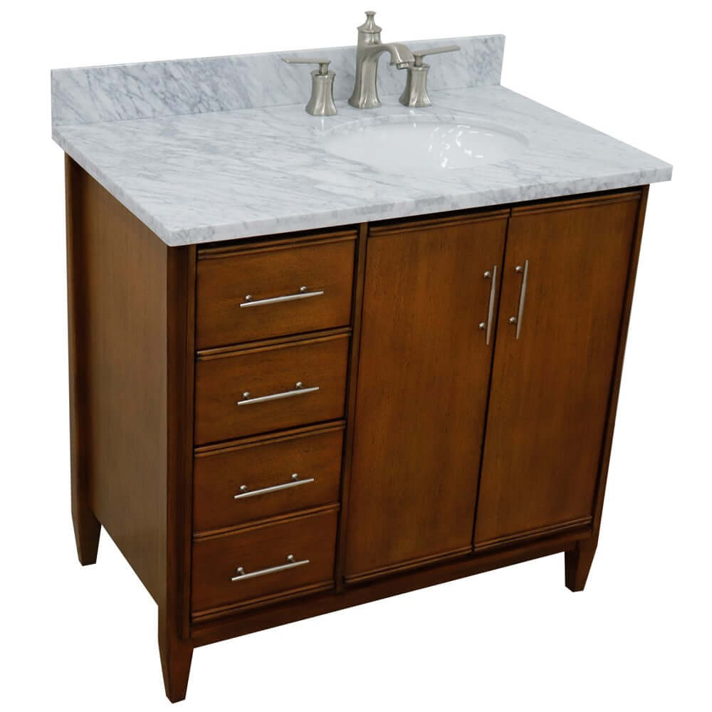 37" Single vanity in Walnut finish with White Carrara and oval sink- Right door/Right sink - 400901-37R-WA-WMOR