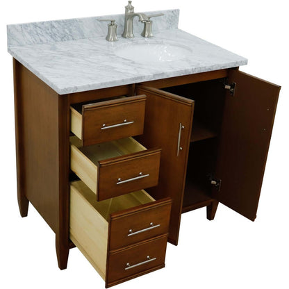 37" Single vanity in Walnut finish with White Carrara and oval sink- Right door/Right sink - 400901-37R-WA-WMOR