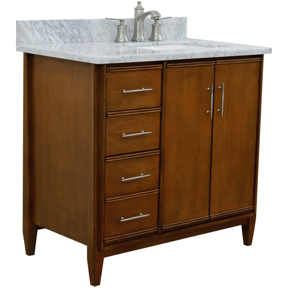 37" Single vanity in Walnut finish with White Carrara and rectangle sink- Right door/Right sink - 400901-37R-WA-WMRR