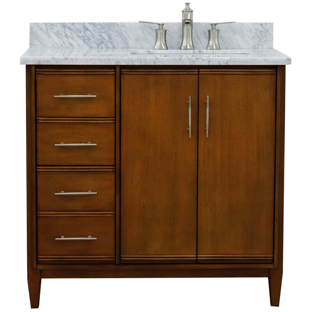 37" Single vanity in Walnut finish with White Carrara and rectangle sink- Right door/Right sink - 400901-37R-WA-WMRR