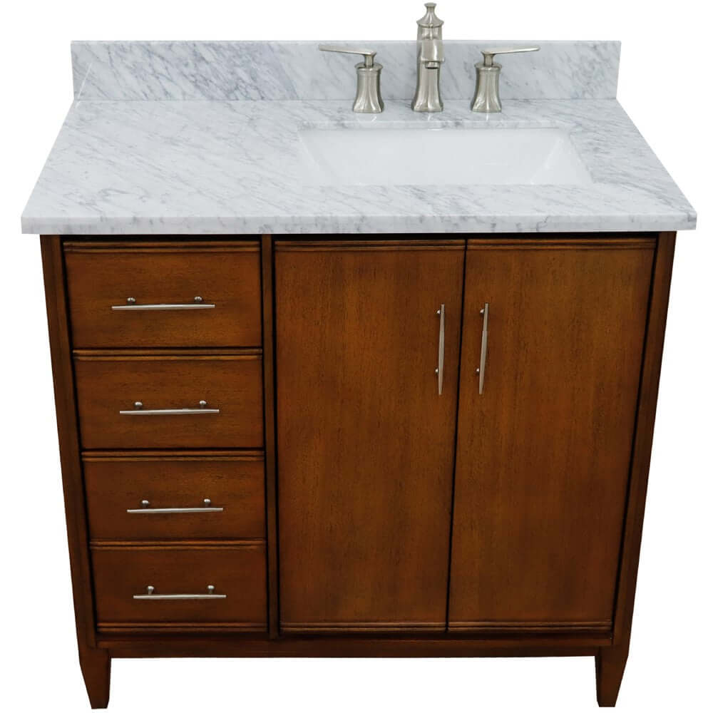 37" Single vanity in Walnut finish with White Carrara and rectangle sink- Right door/Right sink - 400901-37R-WA-WMRR