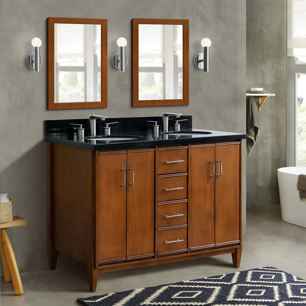 49" Double sink vanity in Walnut finish with Black galaxy granite and oval sink - 400901-49D-WA-BGO