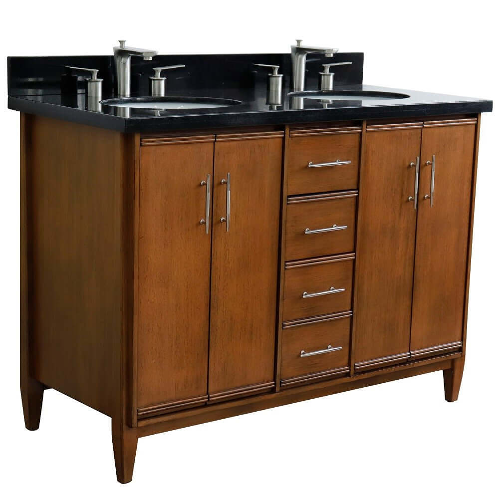 49" Double sink vanity in Walnut finish with Black galaxy granite and oval sink - 400901-49D-WA-BGO