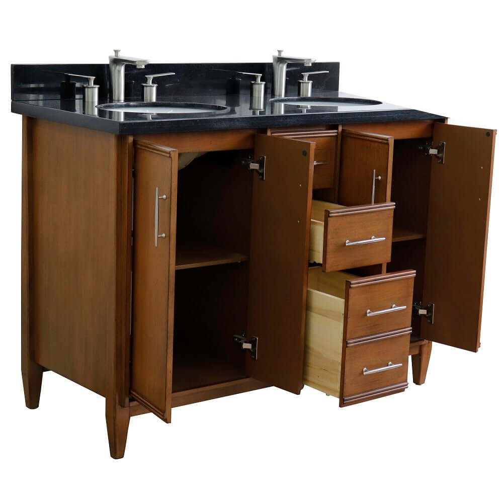 49" Double sink vanity in Walnut finish with Black galaxy granite and oval sink - 400901-49D-WA-BGO