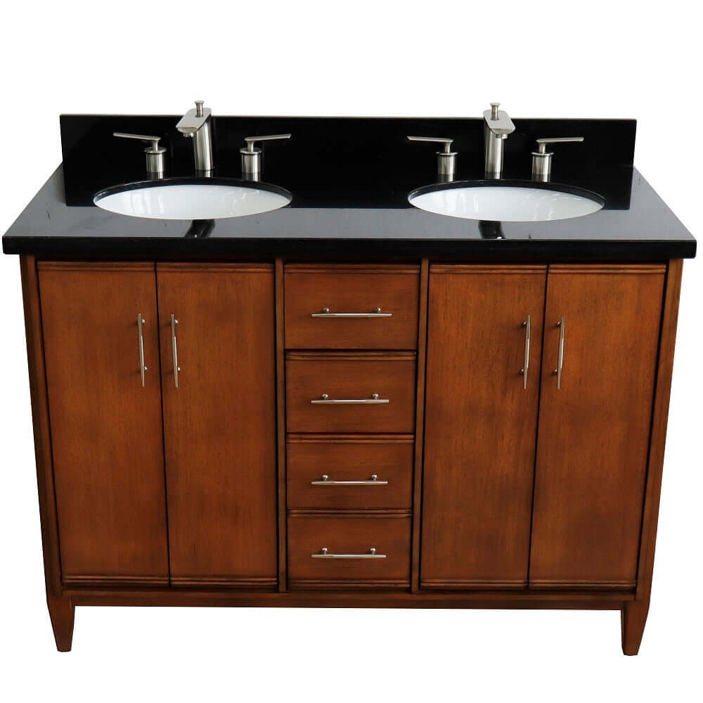 49" Double sink vanity in Walnut finish with Black galaxy granite and oval sink - 400901-49D-WA-BGO