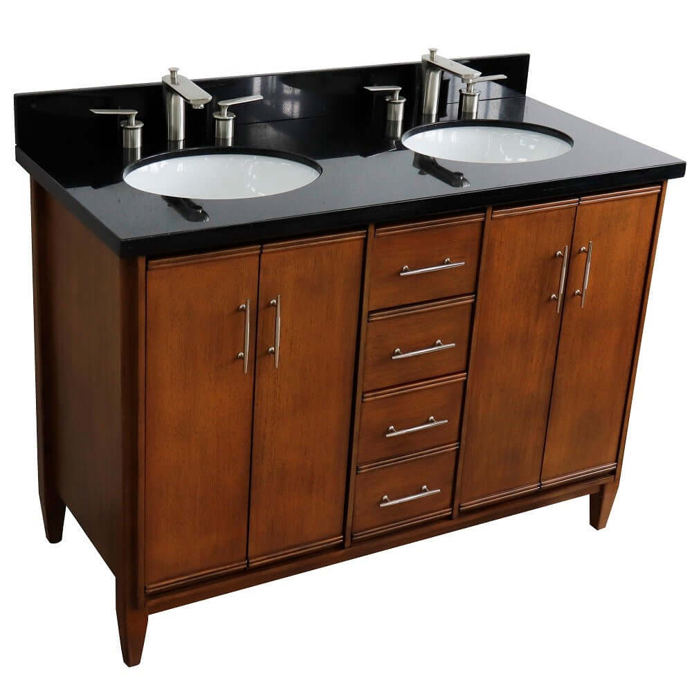 49" Double sink vanity in Walnut finish with Black galaxy granite and oval sink - 400901-49D-WA-BGO