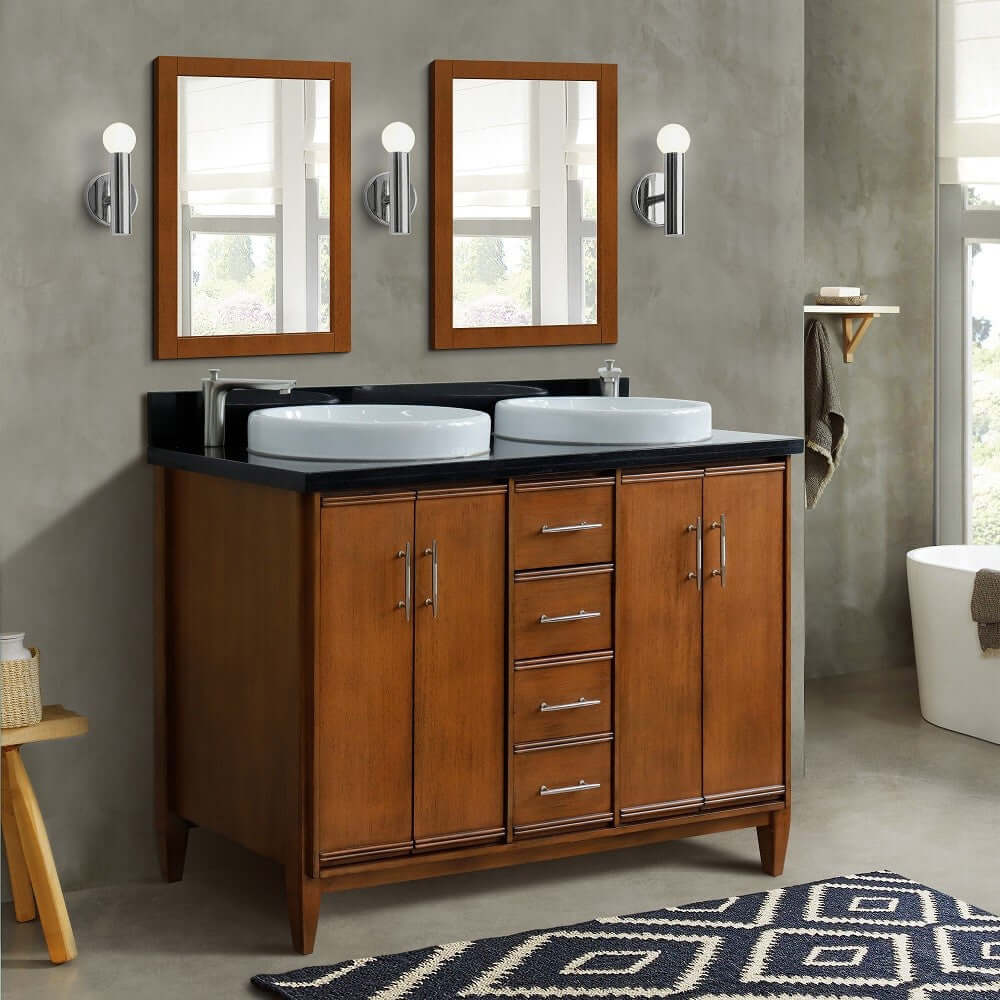 49" Double sink vanity in Walnut finish with Black galaxy granite and round sink - 400901-49D-WA-BGRD