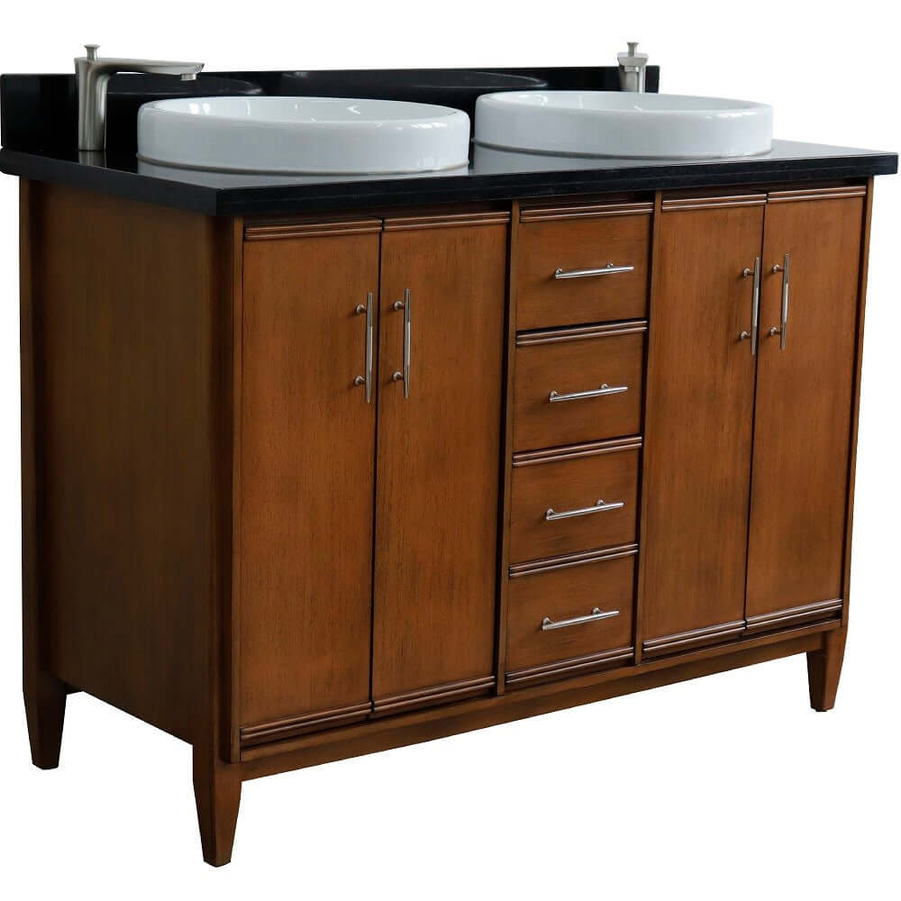 49" Double sink vanity in Walnut finish with Black galaxy granite and round sink - 400901-49D-WA-BGRD