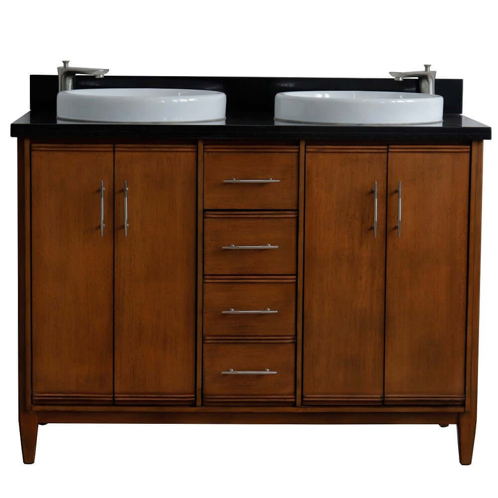 49" Double sink vanity in Walnut finish with Black galaxy granite and round sink - 400901-49D-WA-BGRD