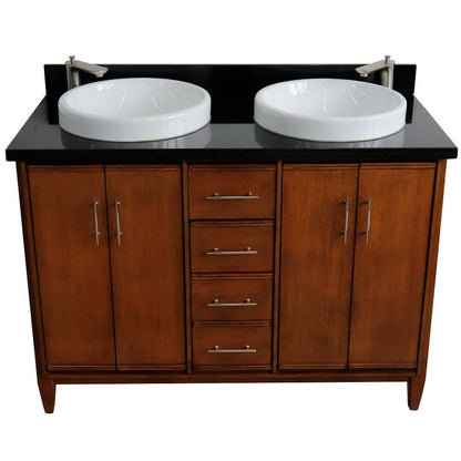 49" Double sink vanity in Walnut finish with Black galaxy granite and round sink - 400901-49D-WA-BGRD