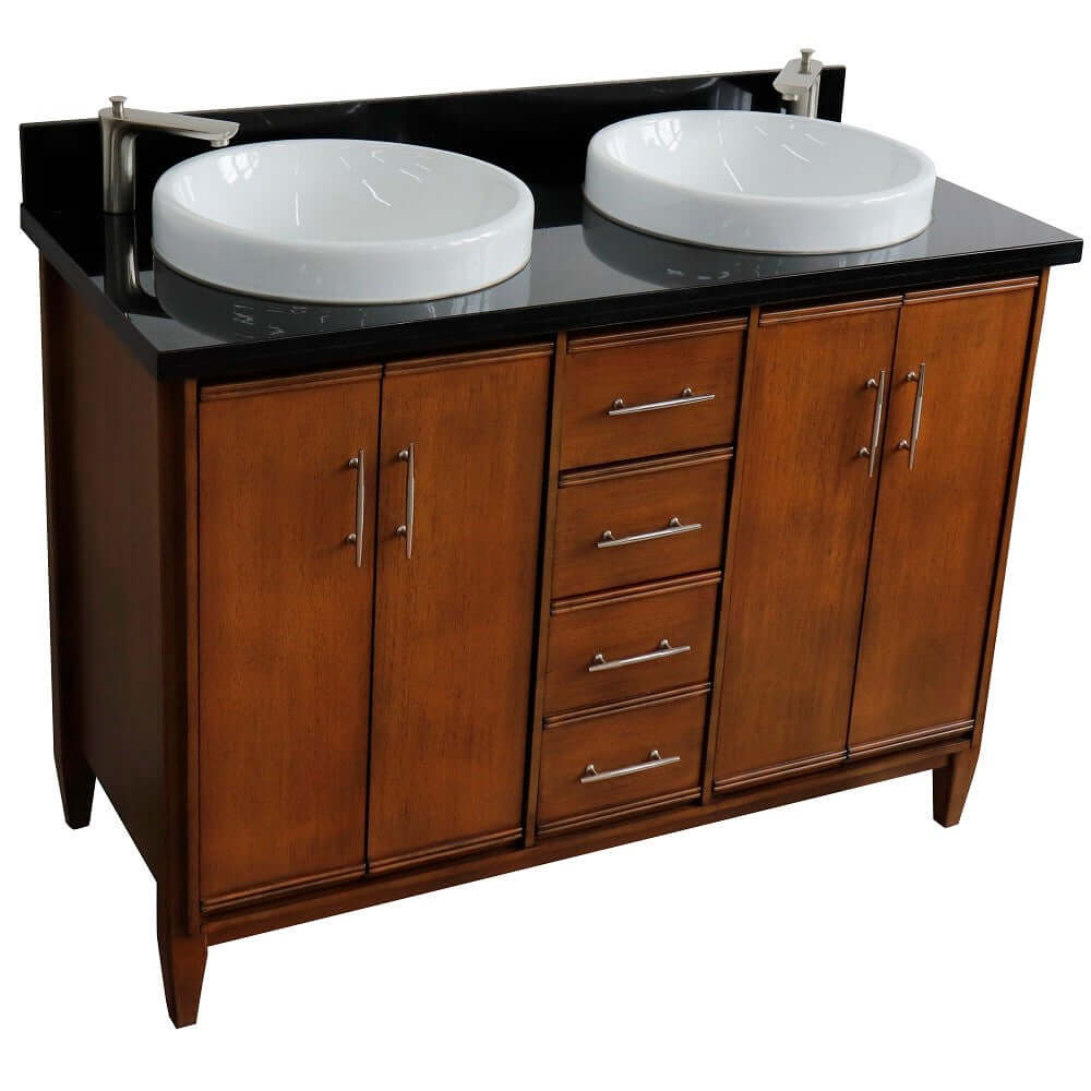 49" Double sink vanity in Walnut finish with Black galaxy granite and round sink - 400901-49D-WA-BGRD