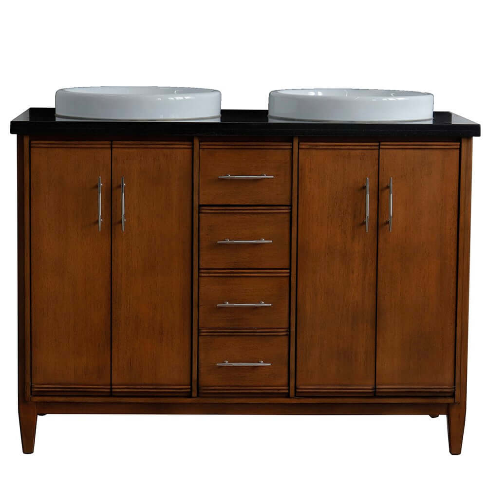 49" Double sink vanity in Walnut finish with Black galaxy granite and round sink - 400901-49D-WA-BGRD