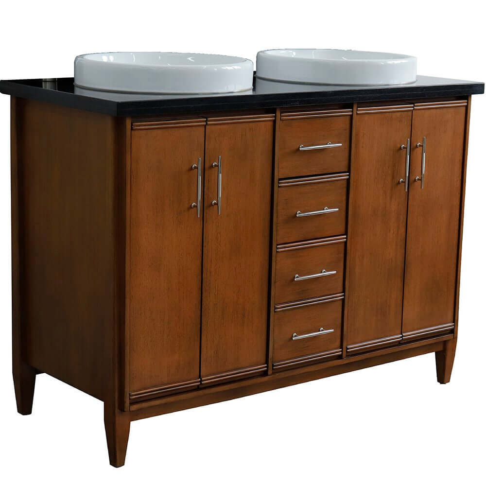 49" Double sink vanity in Walnut finish with Black galaxy granite and round sink - 400901-49D-WA-BGRD