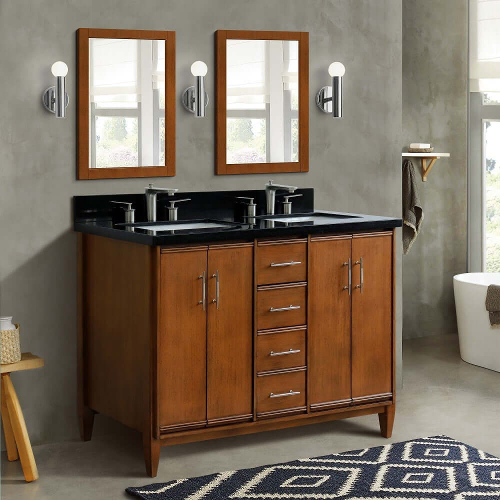 49" Double sink vanity in Walnut finish with Black galaxy granite and rectangle sink - 400901-49D-WA-BGR