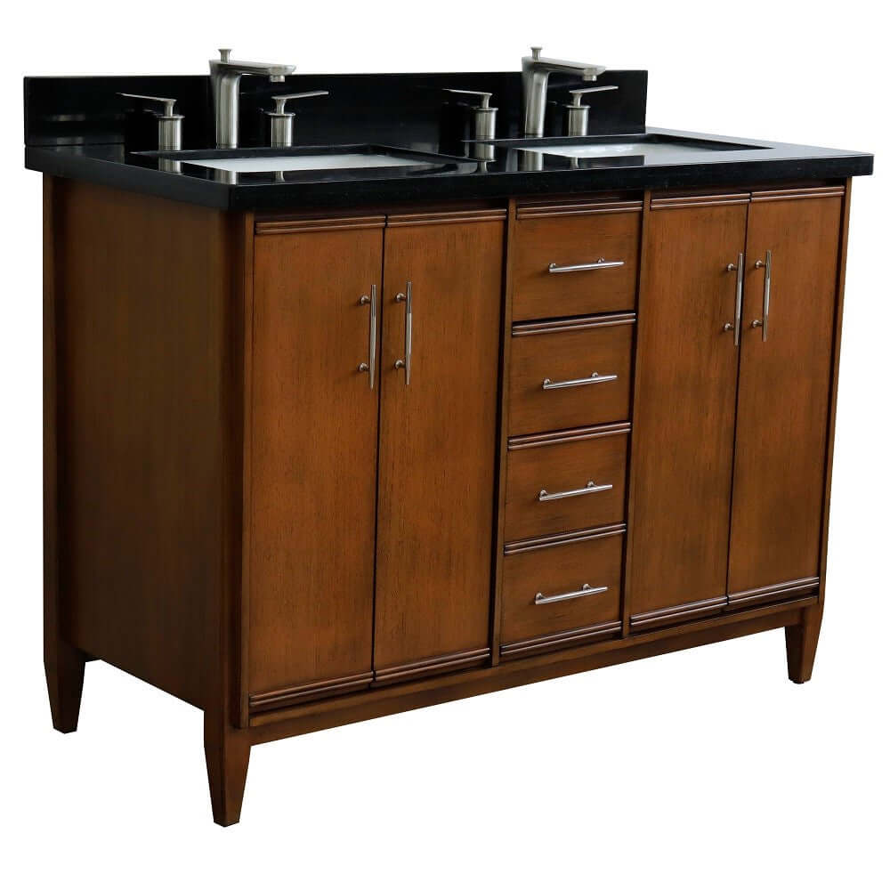 49" Double sink vanity in Walnut finish with Black galaxy granite and rectangle sink - 400901-49D-WA-BGR