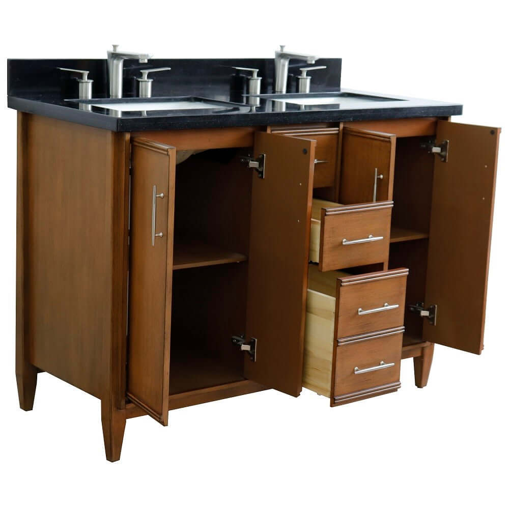 49" Double sink vanity in Walnut finish with Black galaxy granite and rectangle sink - 400901-49D-WA-BGR